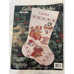 Bucilla Country Christmas Cross Stitch Stocking Gallery Of Stitches 16” Vintage